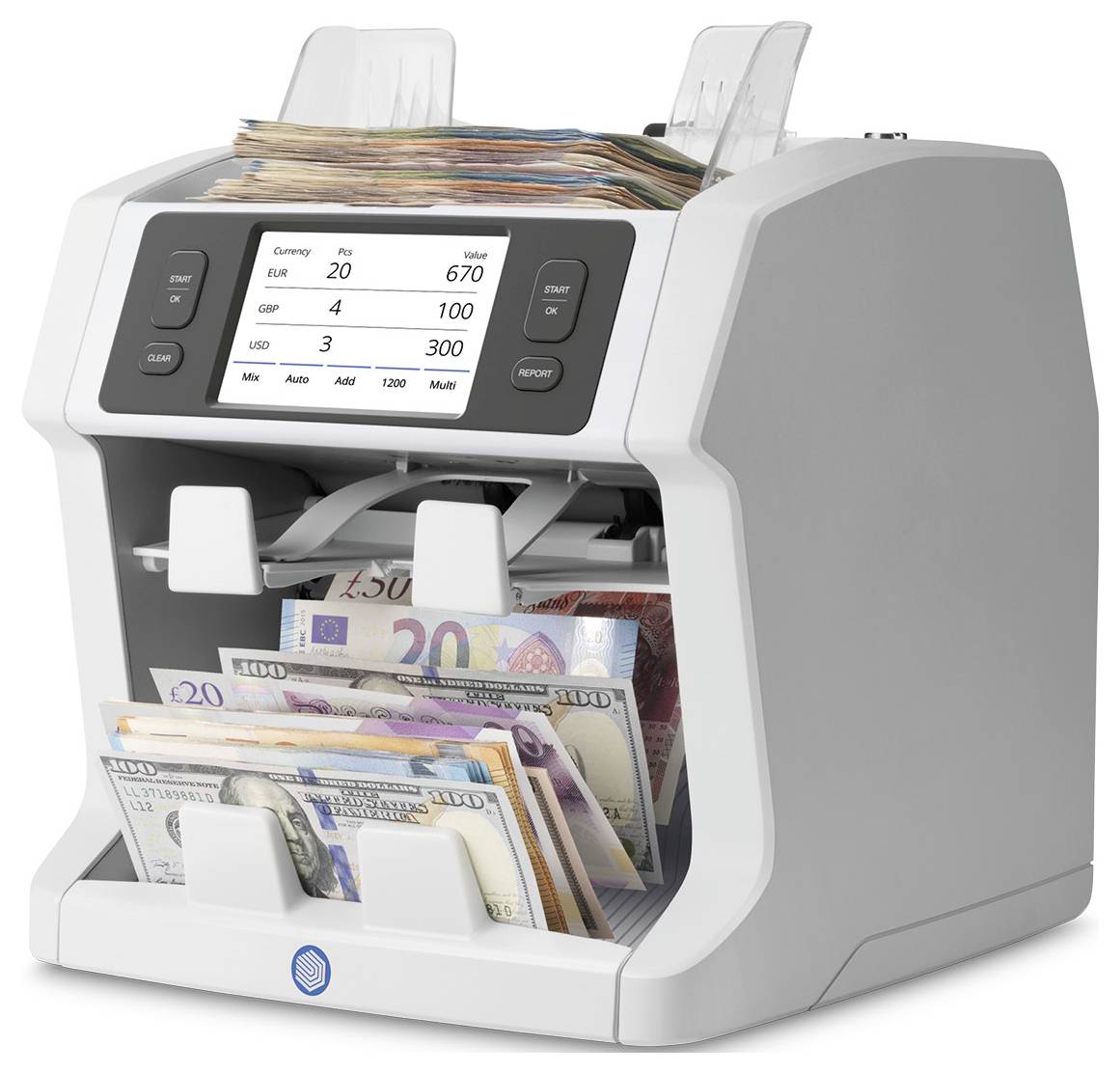 Currency counting machine processing stacks of mixed banknotes with a digital display showing totals by currency.