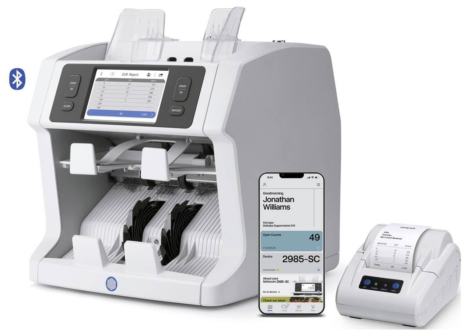 Une machine de comptage d'argent avec écran tactile, icône Bluetooth et pile de billets de banque, affichée à côté d'une application smartphone et d'une petite imprimante de reçus.