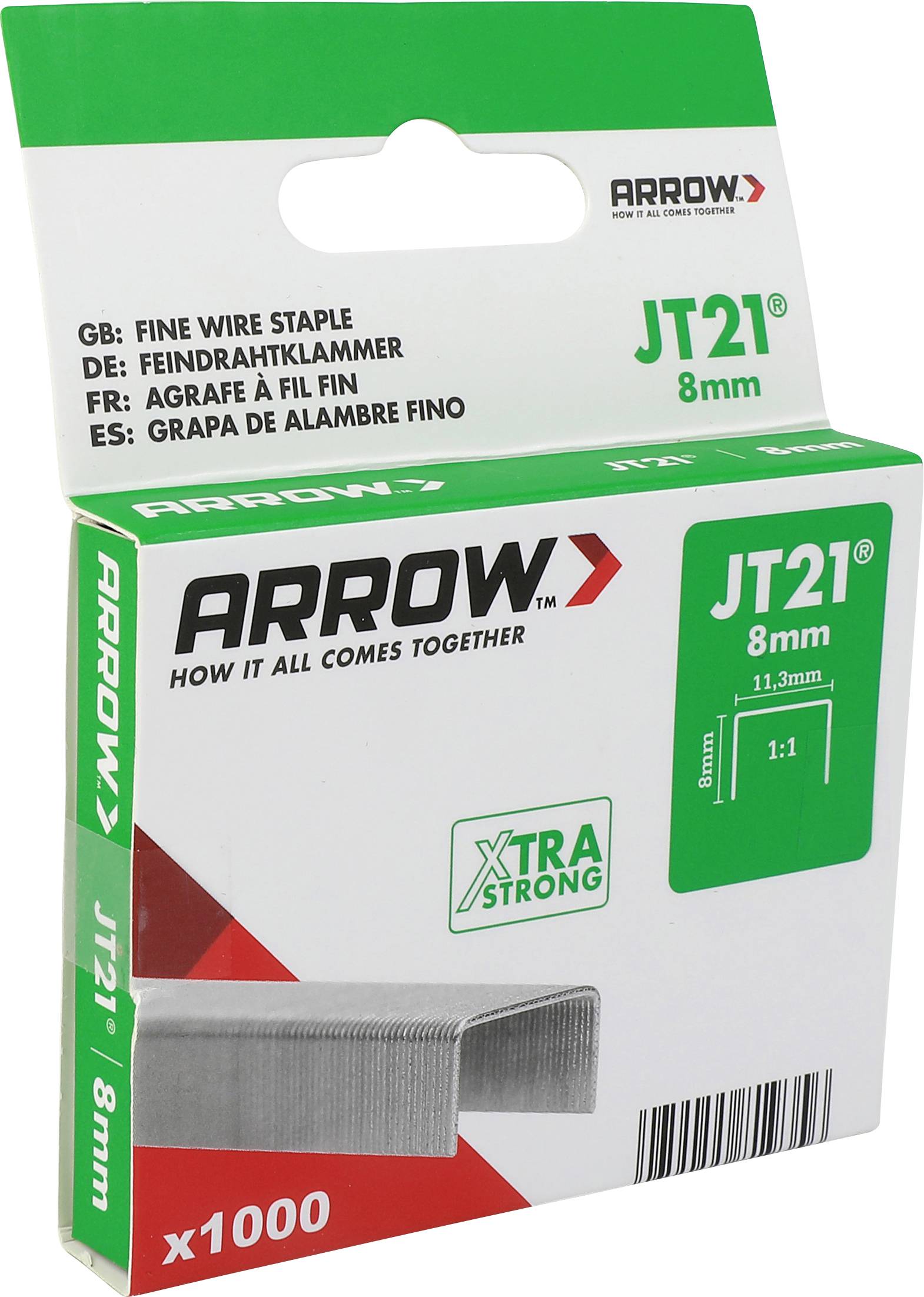 Boîte d'agrafes en fil fin Arrow JT21 8mm, étiquetée « x1000 » et « Xtra Strong », avec image du produit et code-barres sur emballage blanc et vert.