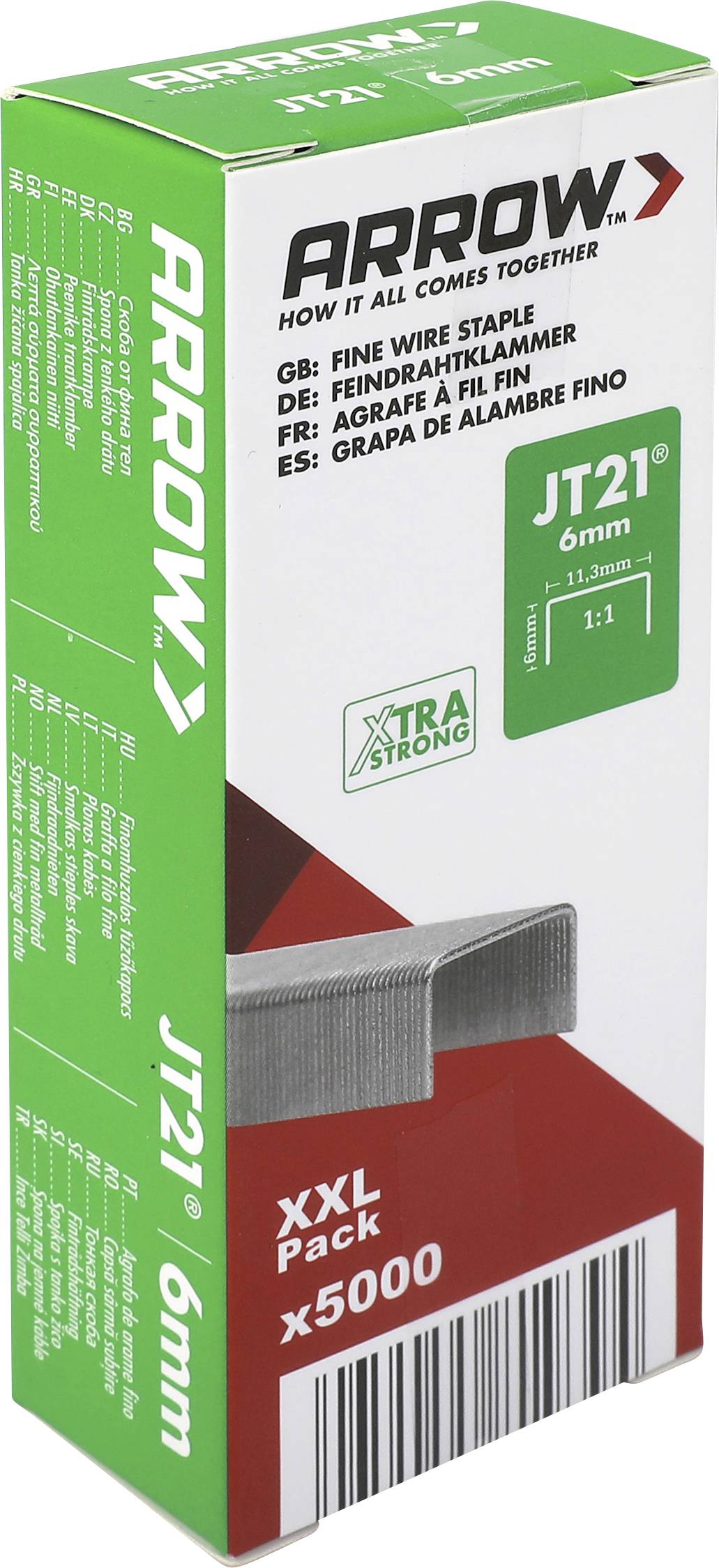 Boîte d'agrafes Arrow JT21 6mm, 'Paquet XXL x5000', emballage vert et blanc avec code-barres.