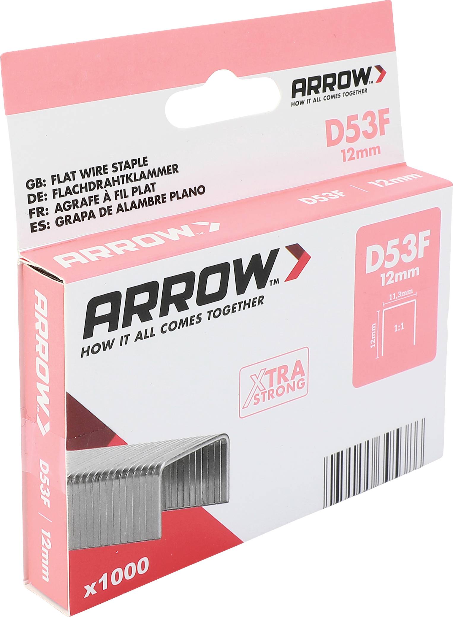 Boîte d'agrafes à fil plat Arrow D53F 12 mm, affichant x1000 agrafes et marque du produit.