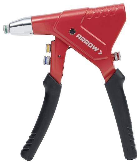 Red Arrow hand rivet gun with black grips on a white background.
