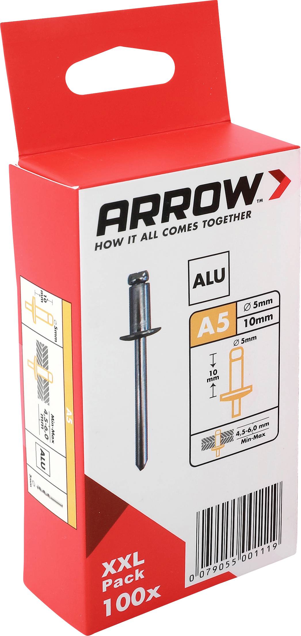 Paquet Red ARROW de rivets aveugles en aluminium A5, étiqueté « XXL Pack 100x » avec schéma de produit et code-barres, présenté sur fond blanc.