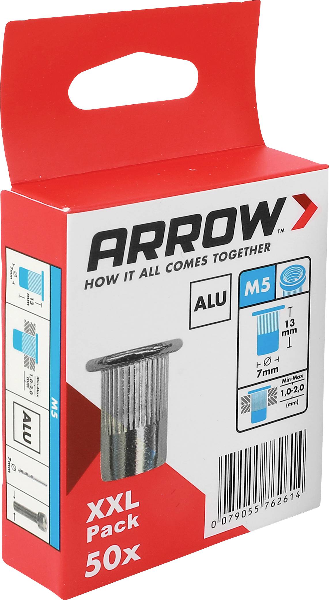 Boîte de pack de fixations Red Arrow étiquetée « ARROW » et « XXL pack 50x » avec image du produit et détails de taille sur le devant.