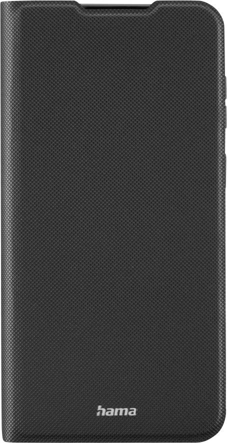 Étui folio pour smartphone Hama à texture noire avec rabat avant et logo centré sur un fond blanc.