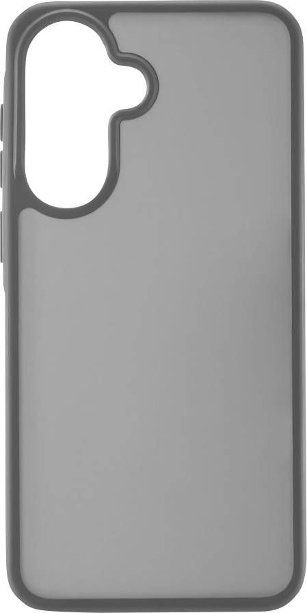 Étui pour smartphone gris avec une grande découpe de caméra arrondie en haut à gauche et des bords protecteurs surélevés.