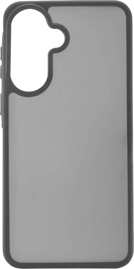 Étui de smartphone gris avec une grande découpe arrondie pour la caméra en haut à gauche.