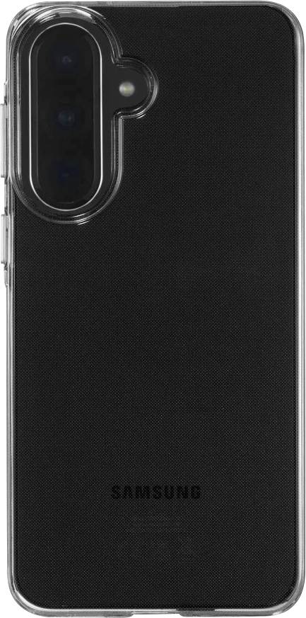 Vue arrière d'un smartphone Samsung noir dans une coque de protection transparente, montrant la découpe de la caméra double.