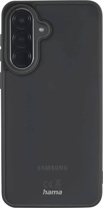 Étui de smartphone Samsung noir présenté par l'arrière, avec une découpe de triple caméra verticale et l'identité de marque « hama » près du bas.