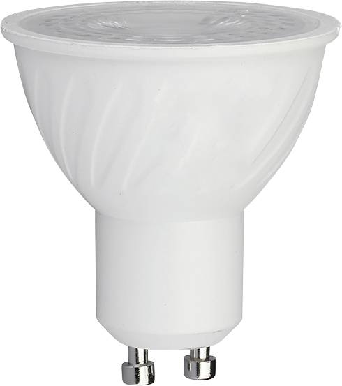 Ampoule de projecteur LED blanche avec un large réflecteur et une base à deux broches, présentée sur un fond uni.