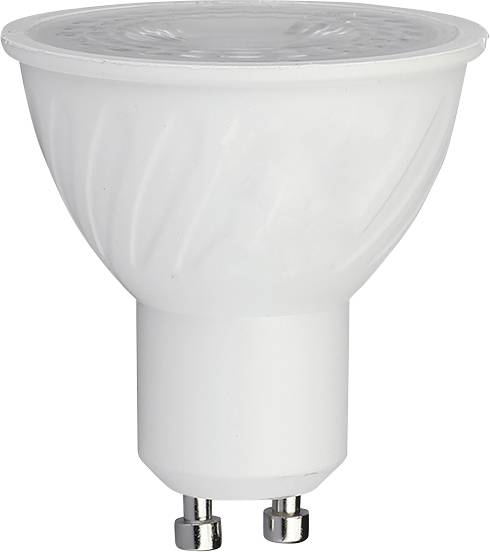 Ampoule de projecteur LED blanche avec un large réflecteur et culot GU10 à deux broches, présentée isolée sur fond blanc.