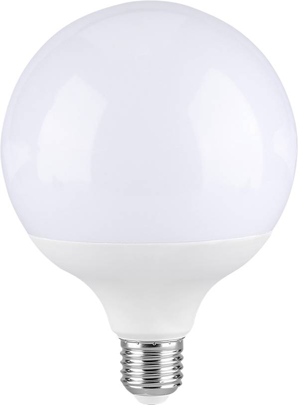 Une ampoule LED ronde givrée avec une base à vis standard, présentée sur un fond blanc.
