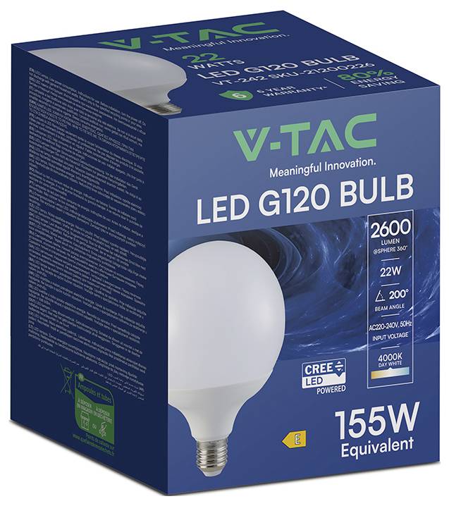 Boîte de produit ampoule LED V-TAC G120 affichée dans un emballage bleu, étiquetée 22W, 2600 lumens, blanc daylight 4000K, équivalent 155W.
