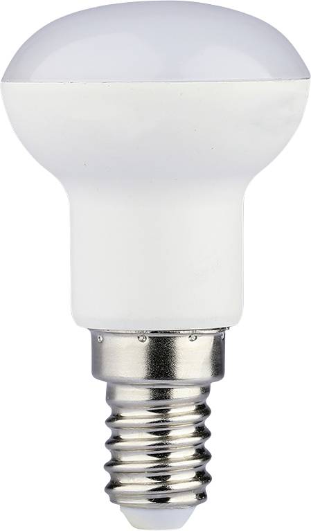 Une ampoule LED blanche avec un dôme givré et une base de vis argentée sur un fond uni.