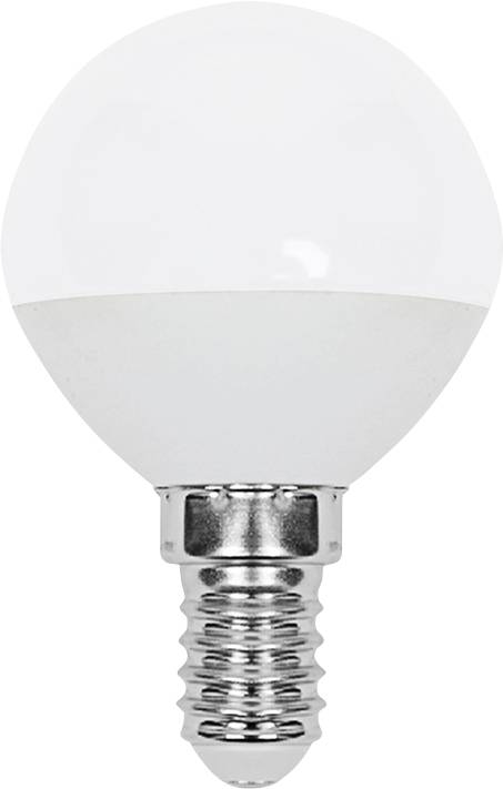 Ampoule à lumière blanche avec un globe givré et une petite douille à vis, présentée sur un fond blanc uni.