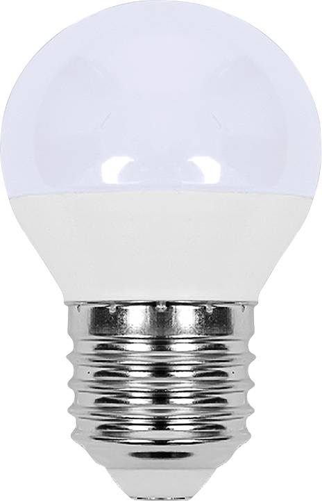 Ampoule LED blanche avec un globe en verre dépoli et une base de vis argentée sur un fond uni.