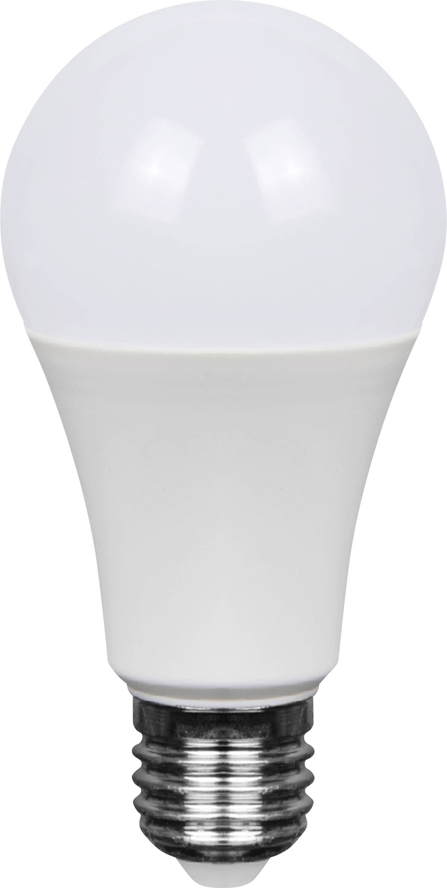 Une ampoule LED blanche avec une base de vis métallique sur un fond uni.