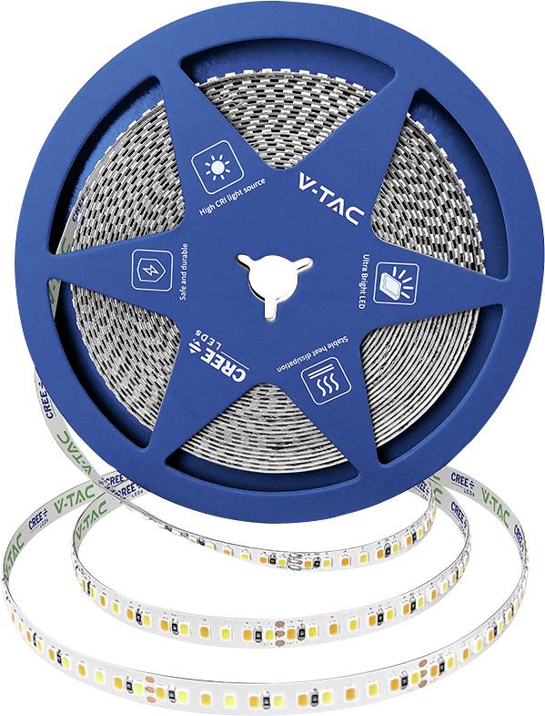 Bobine bleue de bandes lumineuses LED V-TAC enroulées sur un fond blanc, montrant l'emballage du produit et les LEDs de la bande lumineuse.
