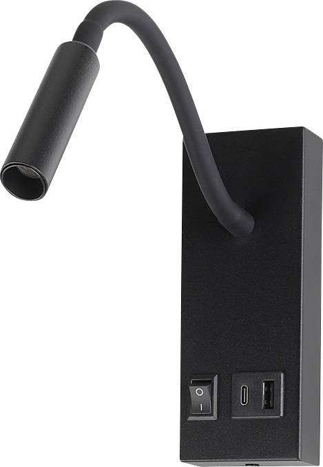 Lampe de lecture noire montée au mur avec bras flexible en col de cygne, interrupteur marche/arrêt et port de charge USB.