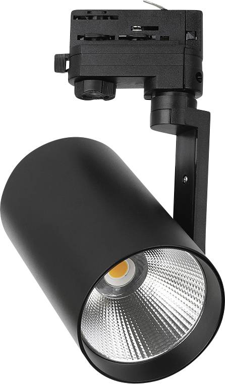 Projecteur sur rail noir ajustable avec tête de projecteur cylindrique et intérieur réfléchissant monté sur support de rail