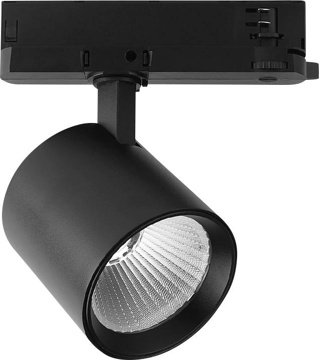 Luminaire de piste ajustable noir avec tête de projecteur cylindrique et intérieur réfléchissant.