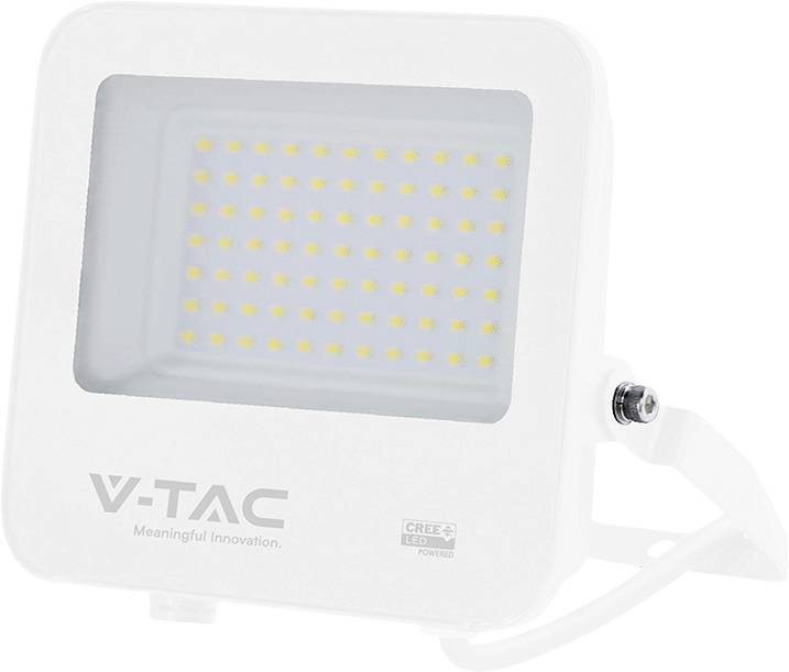 Projecteur LED blanc V-TAC avec panneau rectangulaire et support de montage sur un fond uni.