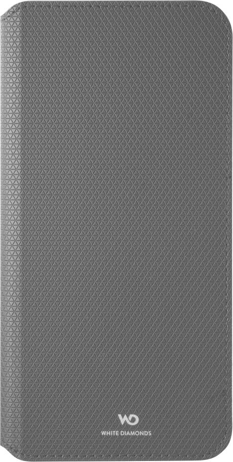 Étui de téléphone texturé gris avec coins arrondis, présentant un petit logo blanc « WD » et « WHITE DIAMONDS » près du bas.