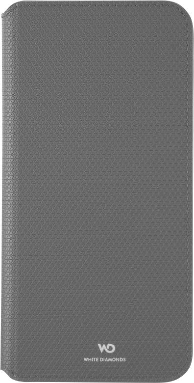 Étui de portefeuille pour téléphone de texture grise avec coins arrondis et logo White Diamonds en bas.