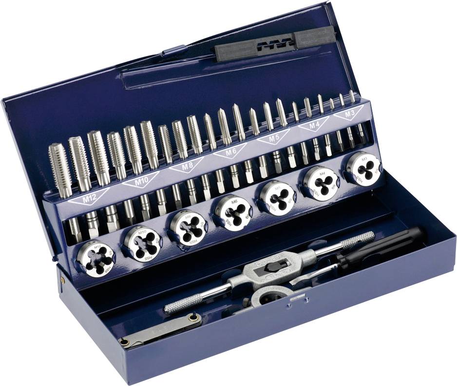 Ensemble de tarauds et filières de coupe de filetage en métal dans un étui bleu ouvert, avec plusieurs tarauds, filières et outils de clé arrangés dans des rangées étiquetées.