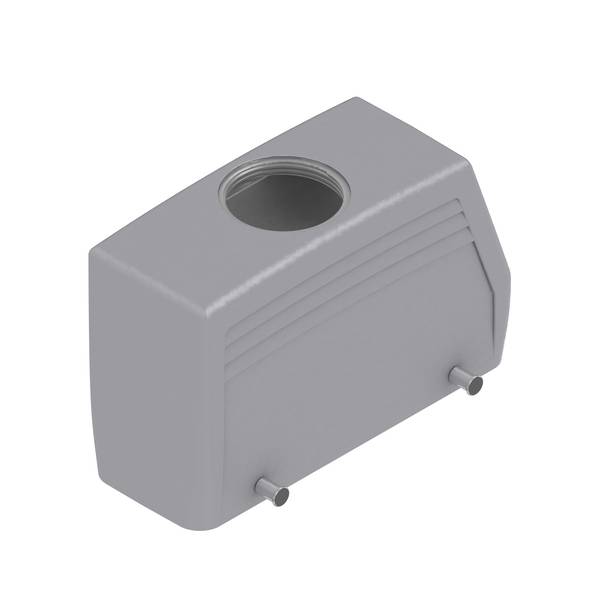 Gray plastic electrical enclosure with a large circular opening on top and two small side connectors.