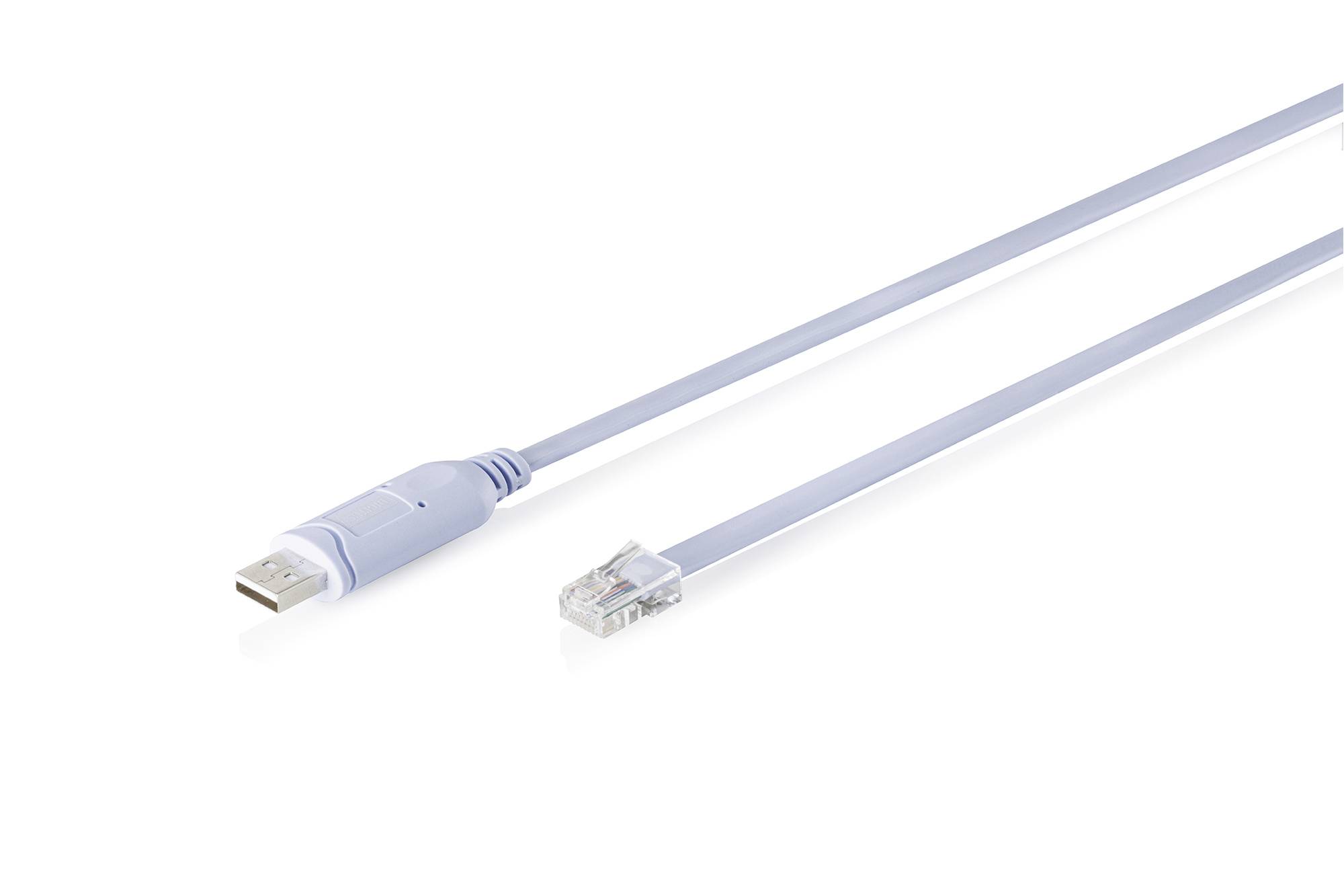Deux câbles transparents sur fond blanc : une prise USB-A et un connecteur Ethernet RJ45, présentés côte à côte en diagonale.