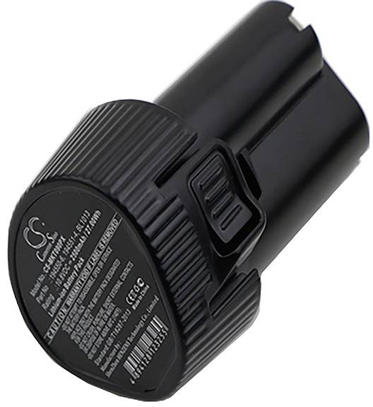 Batterie rechargeable cylindrique noire avec bouton de libération latéral et étiquette imprimée, présentée sur un fond blanc.