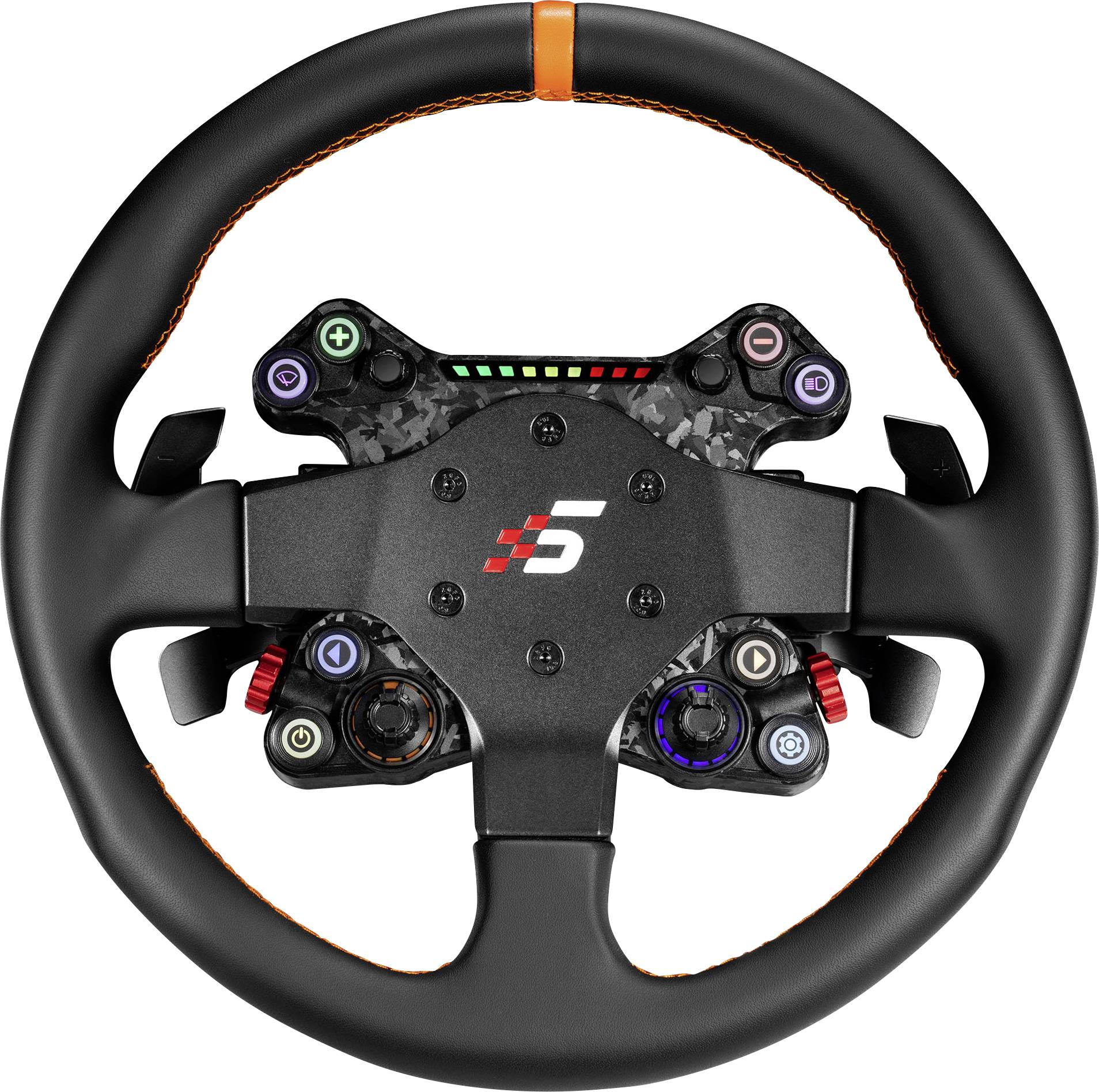 Volant de style course noir avec boutons de commande centraux et témoins lumineux de changement de vitesse de couleur, présenté de face sur un fond blanc.