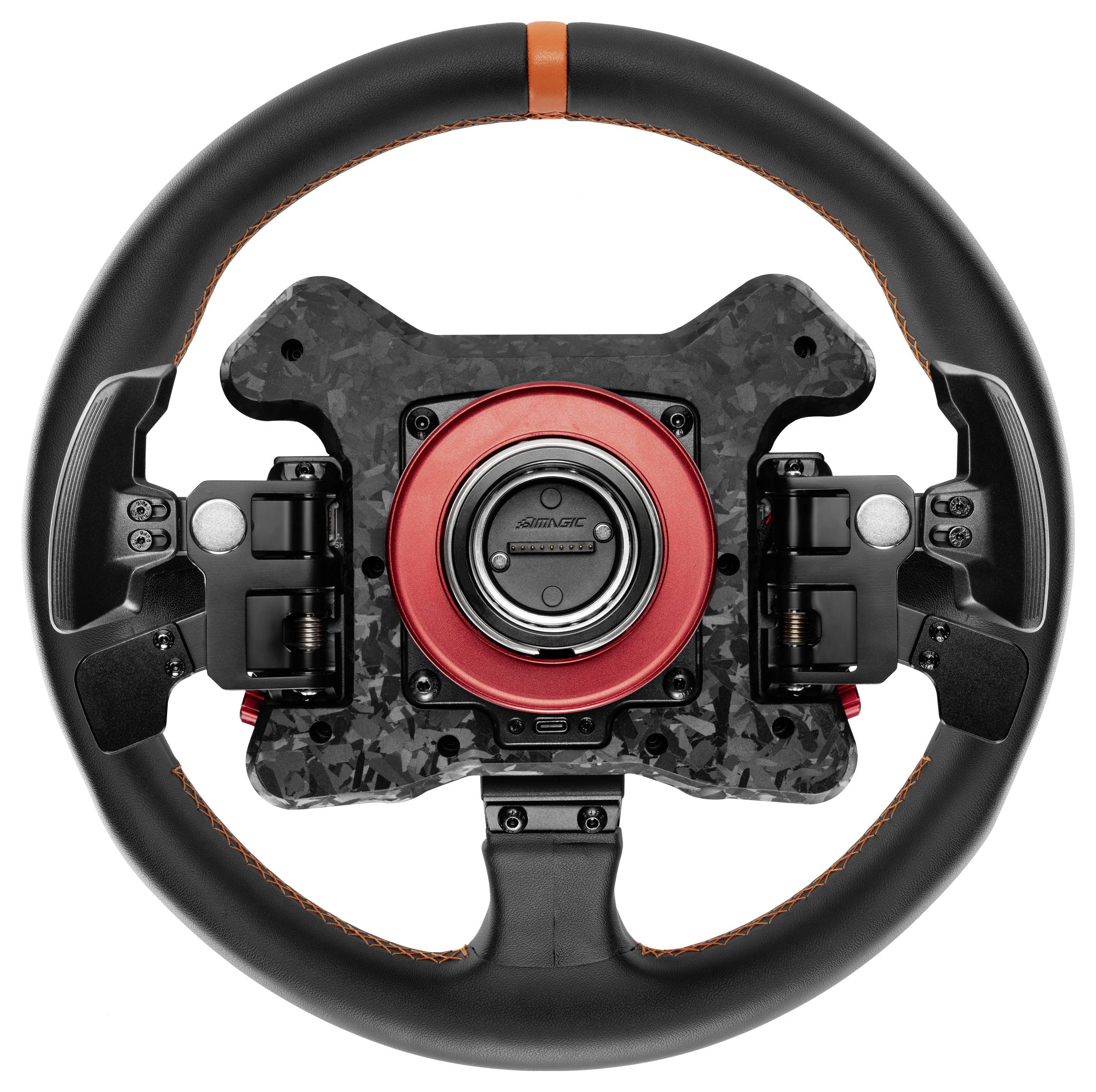 Vue de face d'un volant de course avec une poignée noire, un moyeu central rouge et des palettes de changement de vitesse montées sur un fond blanc.