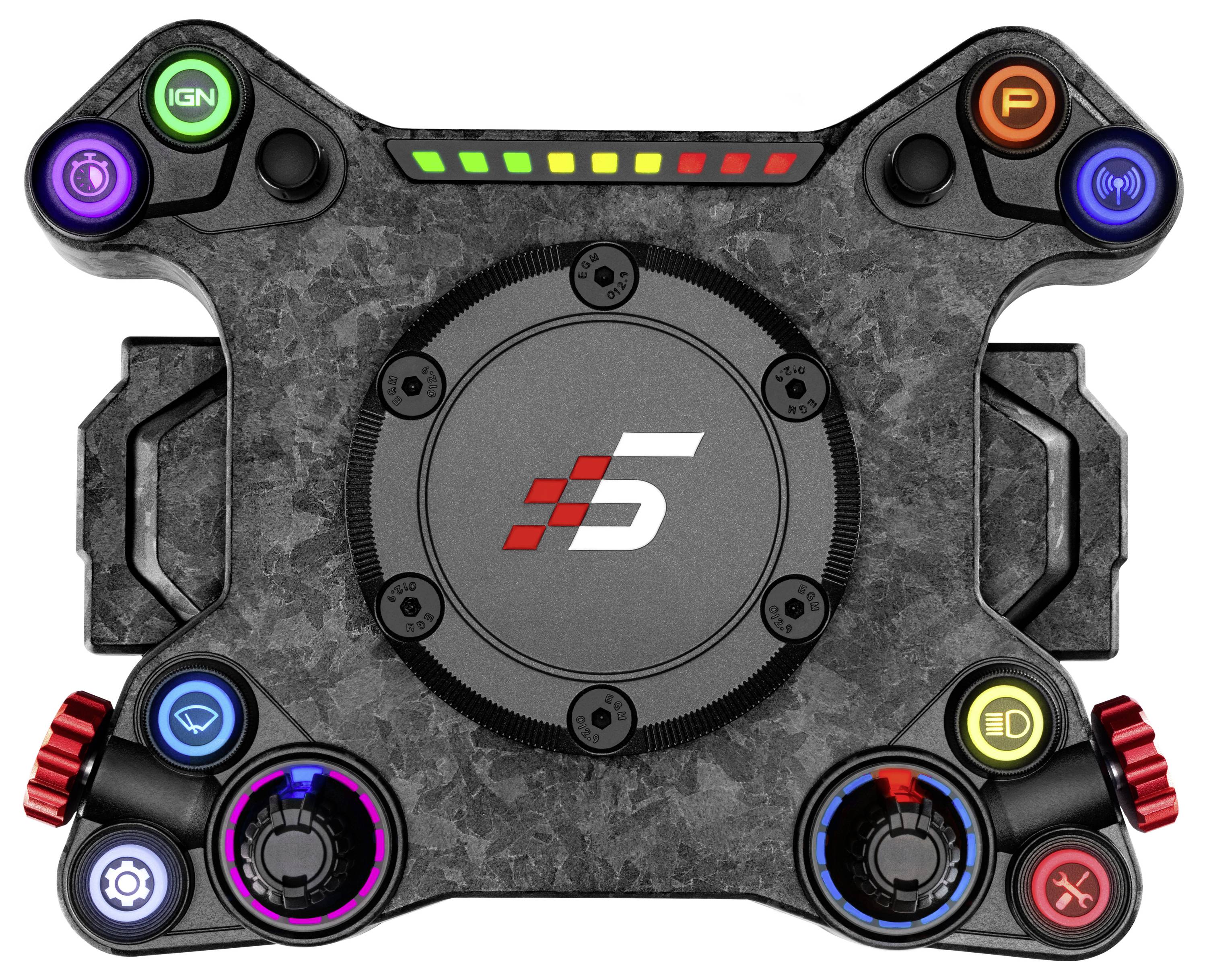 Manette de jeu de direction avec boutons illuminés, deux joysticks analogiques doubles et logo central « 5 », ressemblant à un accessoire de jeu de course automobile.