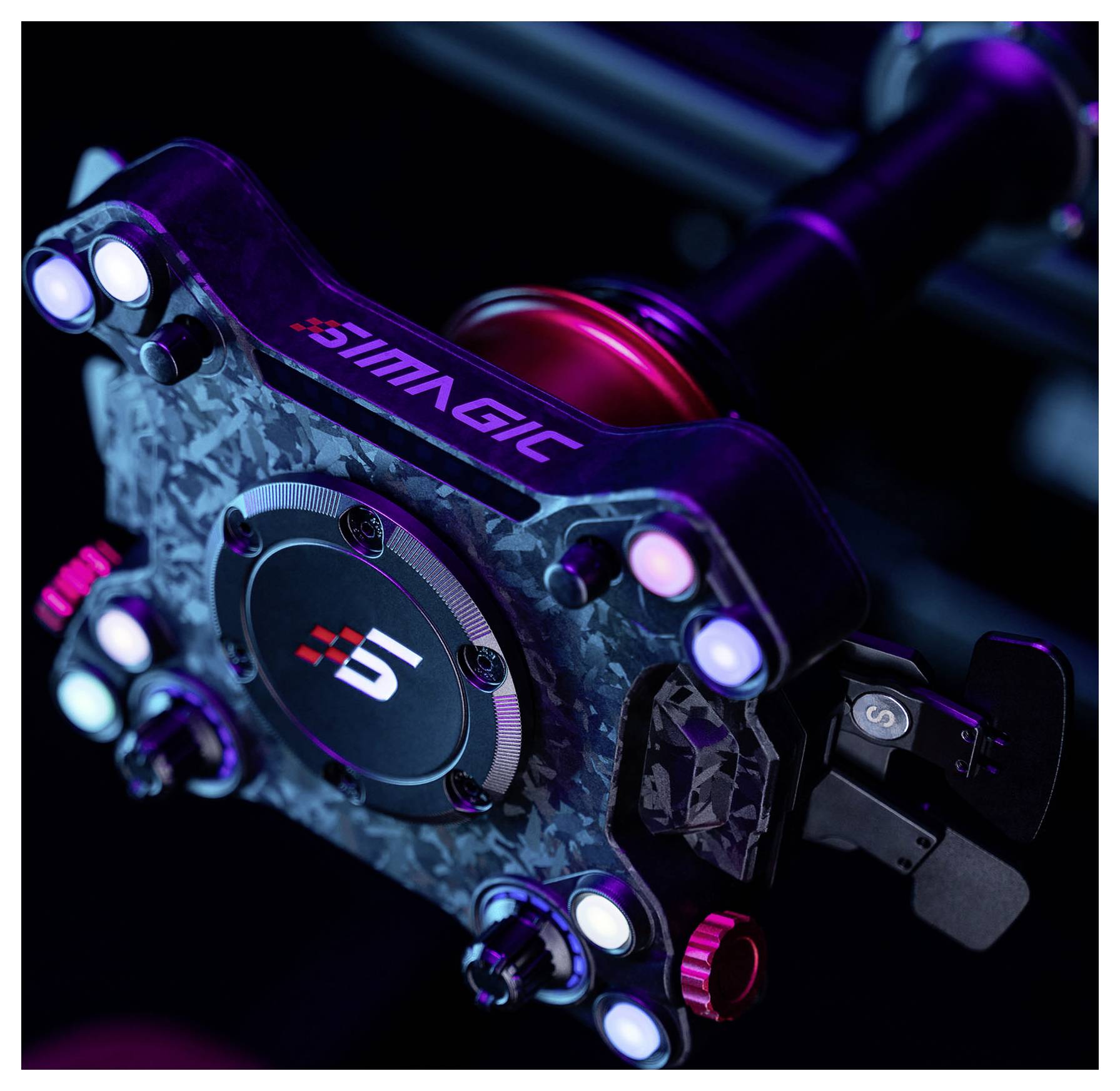 Gros plan d'une manette de jeu futuriste brillante avec l'identité de marque « IMAGIC », des lumières bleu néon et rose, et des détails mécaniques.