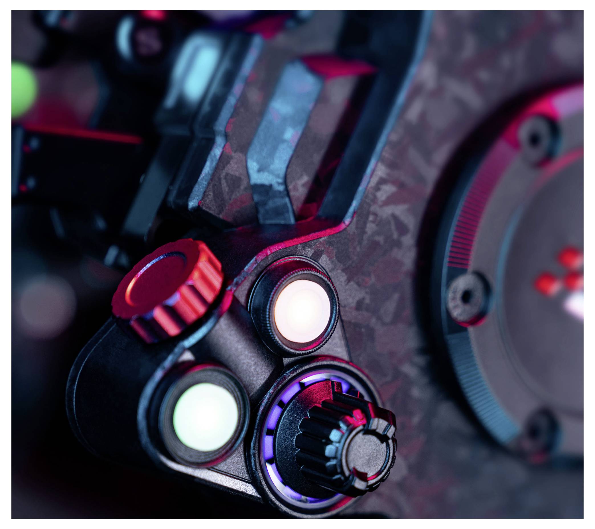 Gros plan d'une manette de jeu futuriste avec des boutons lumineux et un boîtier noir-rouge texturé.