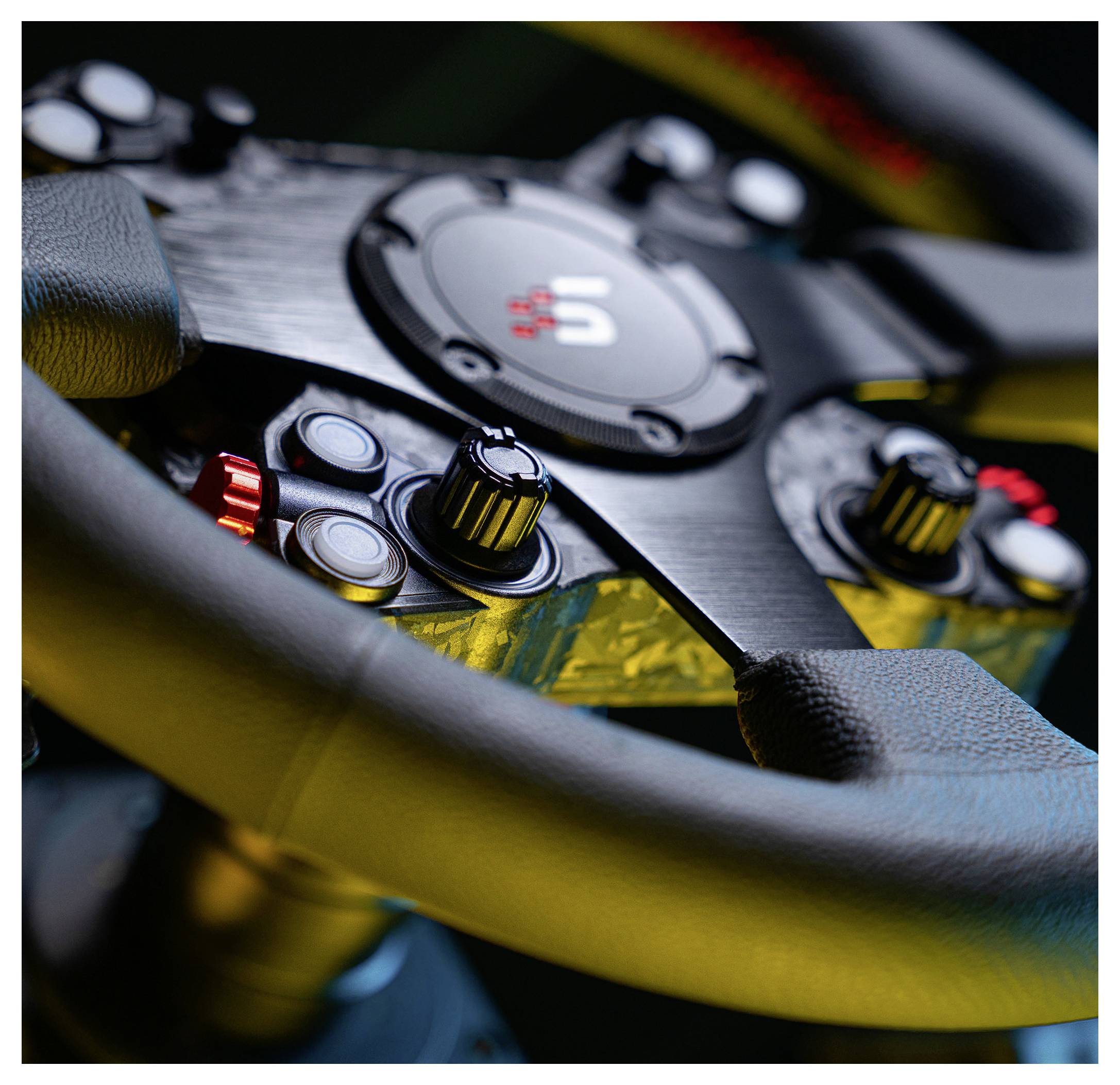 Gros plan d'un volant de voiture de course avec des boutons illuminés et un logo central, montrant les commandes du cockpit d'un véhicule de performance.