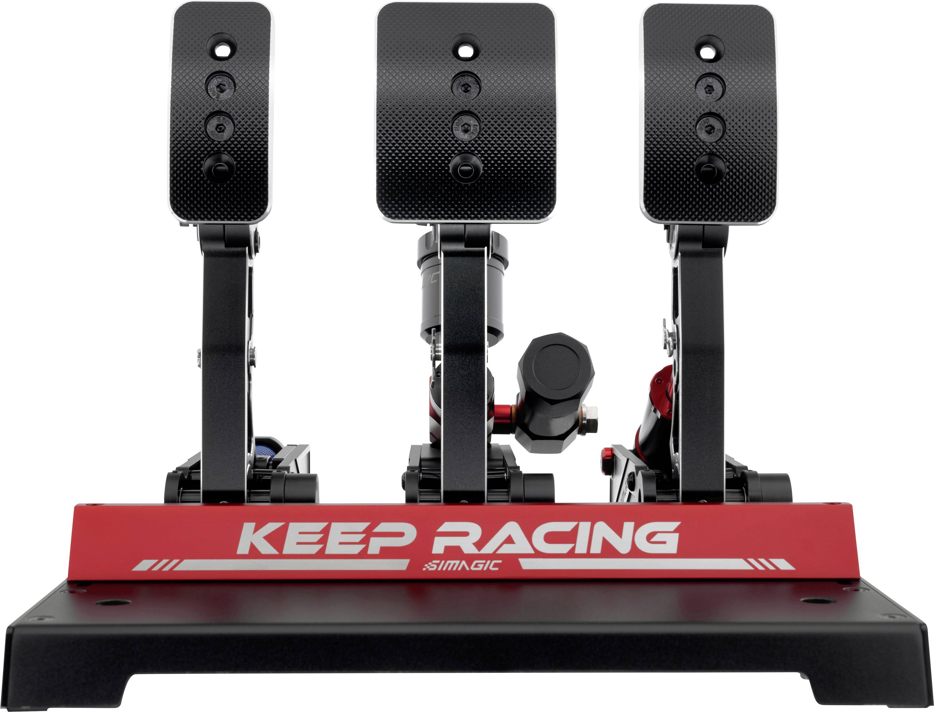 Trois pédales de simulateur de course Simagic sur une base noire avec un panneau avant rouge étiquetés « KEEP RACING ».