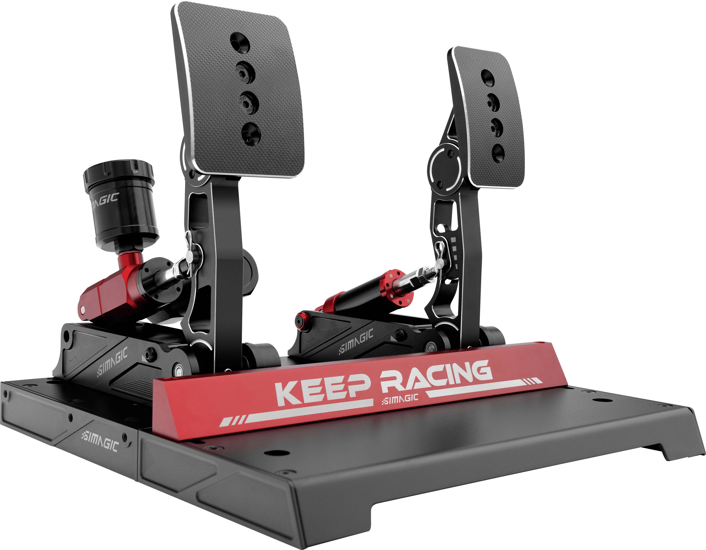 Un ensemble de pédales de simulateur de course noir avec deux pédales pour les pieds, une marque rouge « KEEP RACING », et un levier de vitesses monté sur une base.