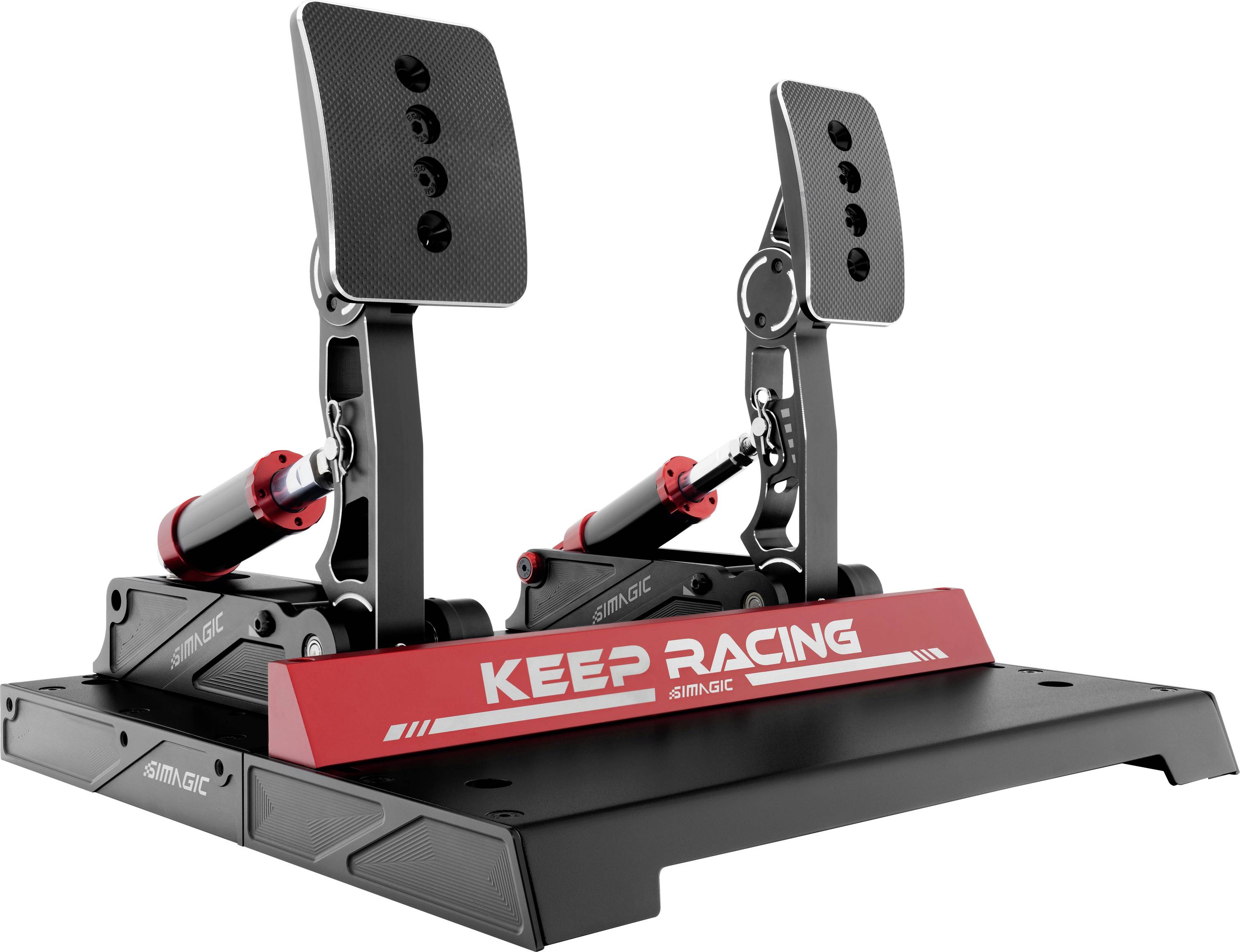 Deux ensembles de pédales de simulateur de course sur une base noire, avec des pédales métalliques ajustables et des amortisseurs hydrauliques rouges, marqués « KEEP RACING ».