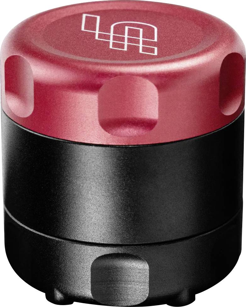 Composant métallique cylindrique noir et rouge avec un logo au sommet, présenté sur un fond blanc.