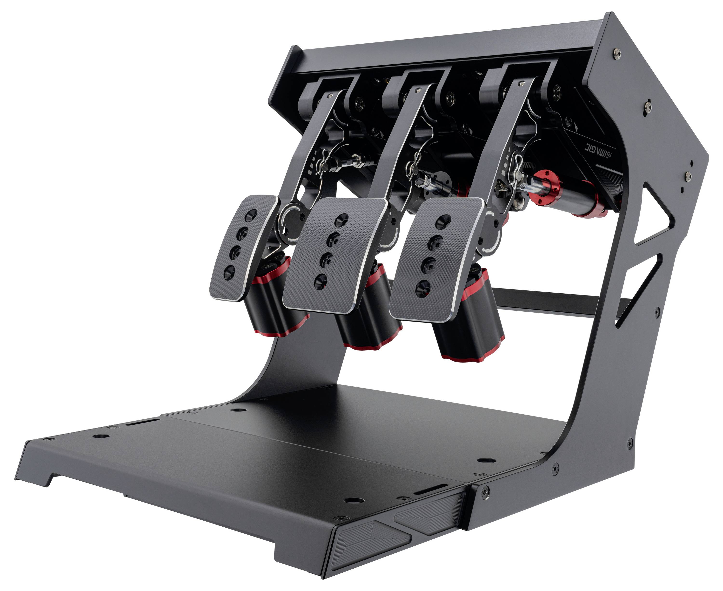 Ensemble de pédales de simulation de course à trois pédales avec cadre métallique noir et pédales ajustables sur une plaque de base.