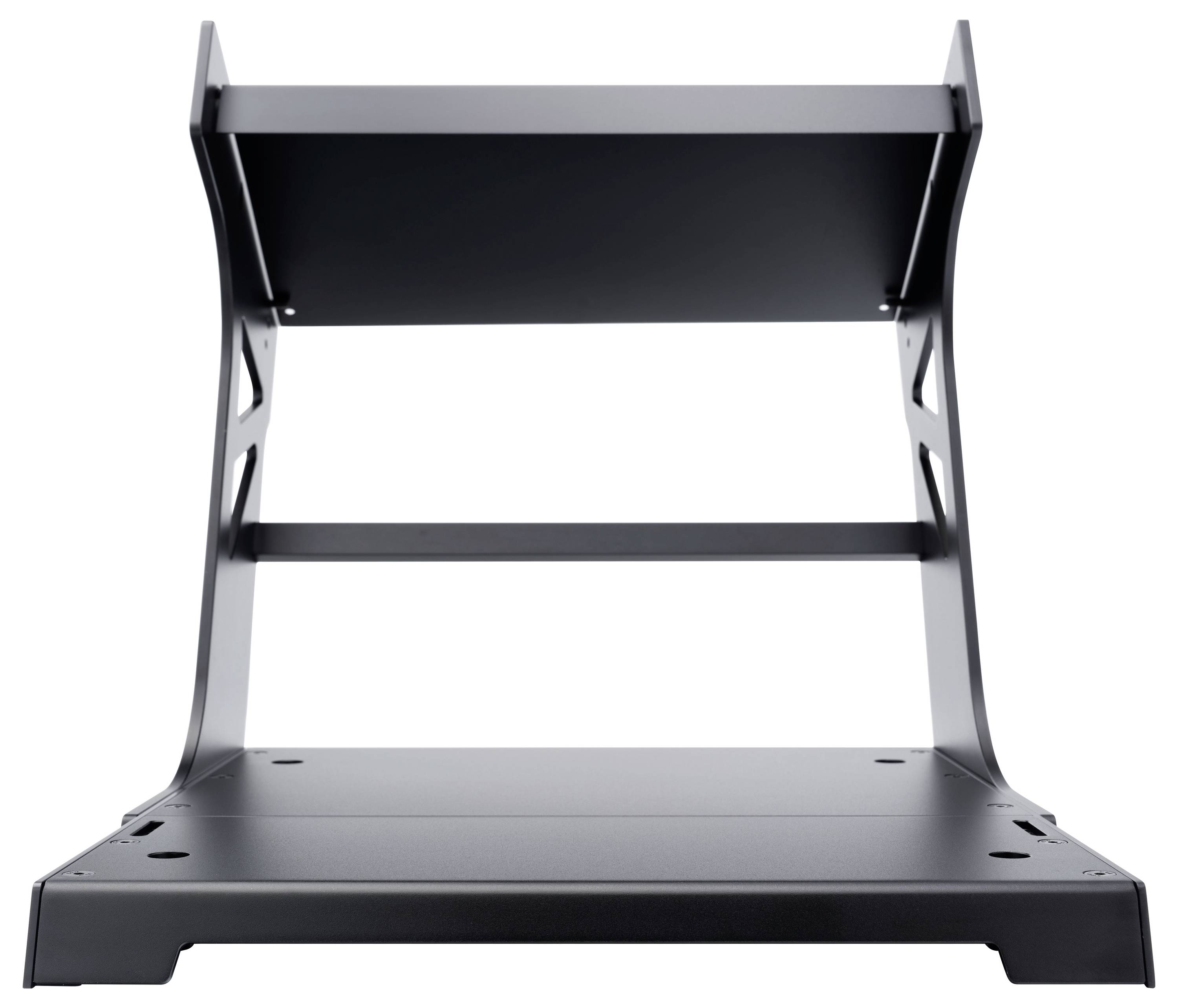 Support pour ordinateur portable noir en métal avec cadre de support incliné et base plate sur fond blanc