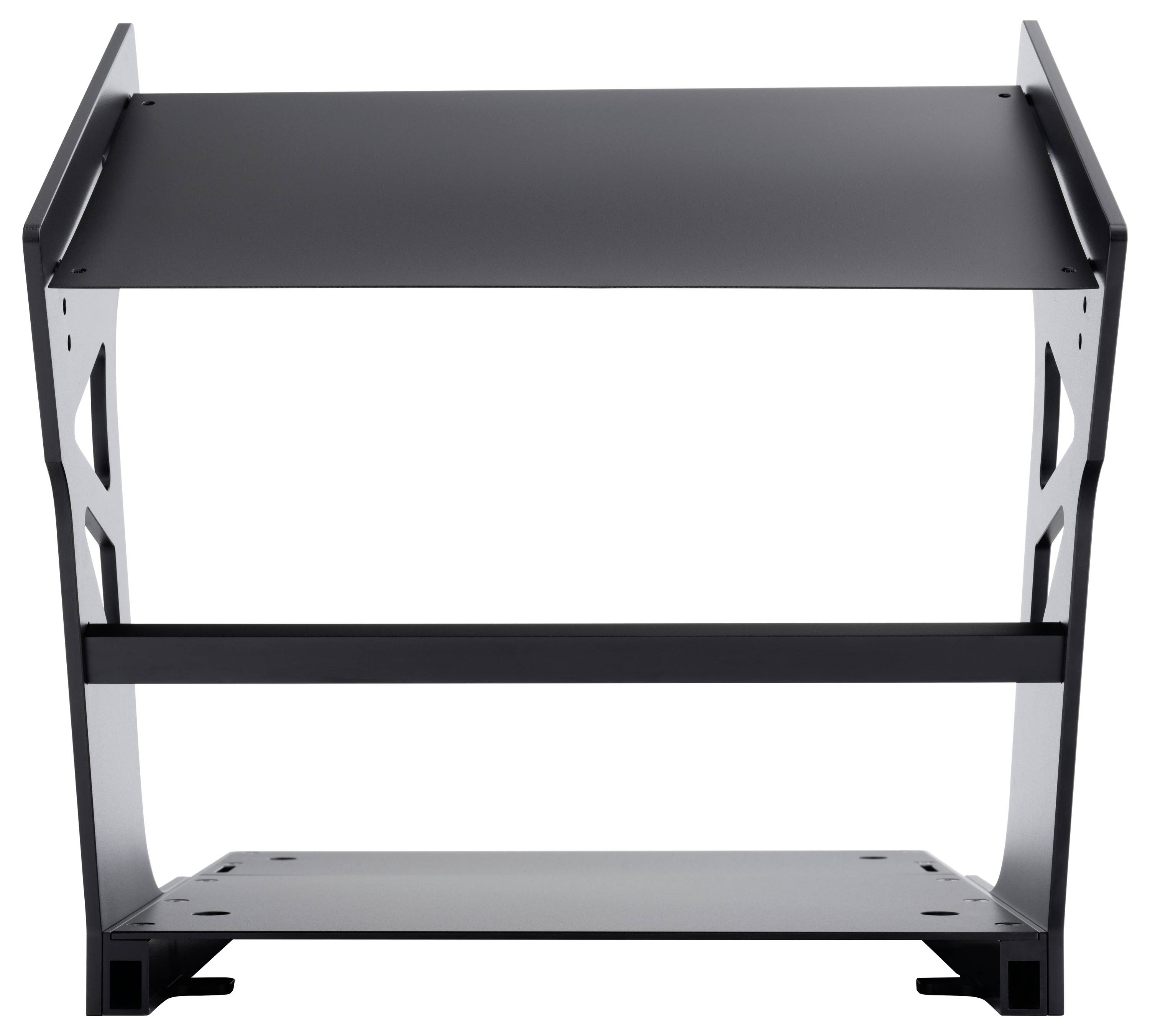Support audiovisuel en métal noir avec étagère supérieure, renfort intermédiaire et étagère inférieure sur fond blanc.