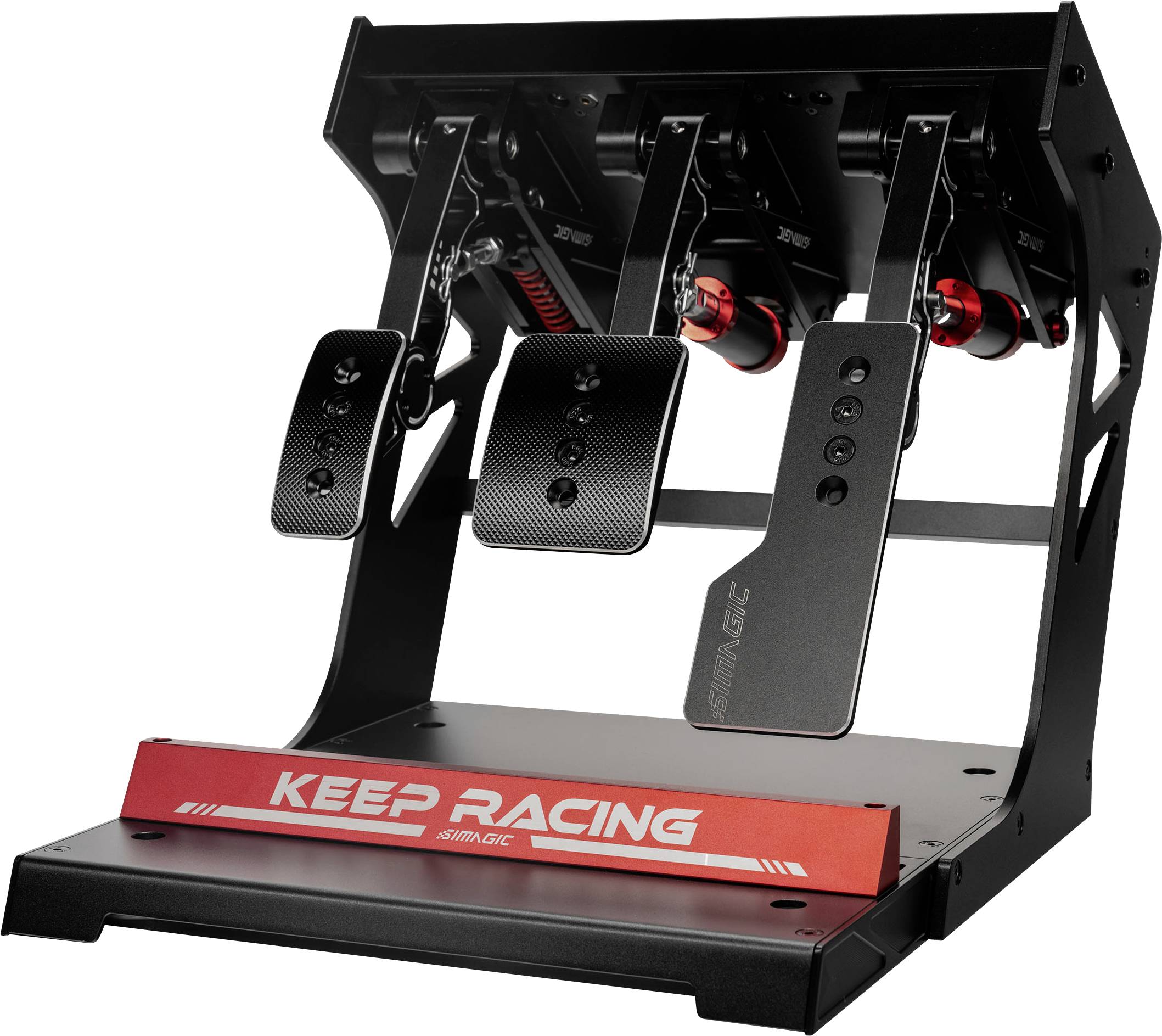 Ensemble de pédales de simulateur de course à trois pédales sur une base métallique noire avec l'inscription rouge 