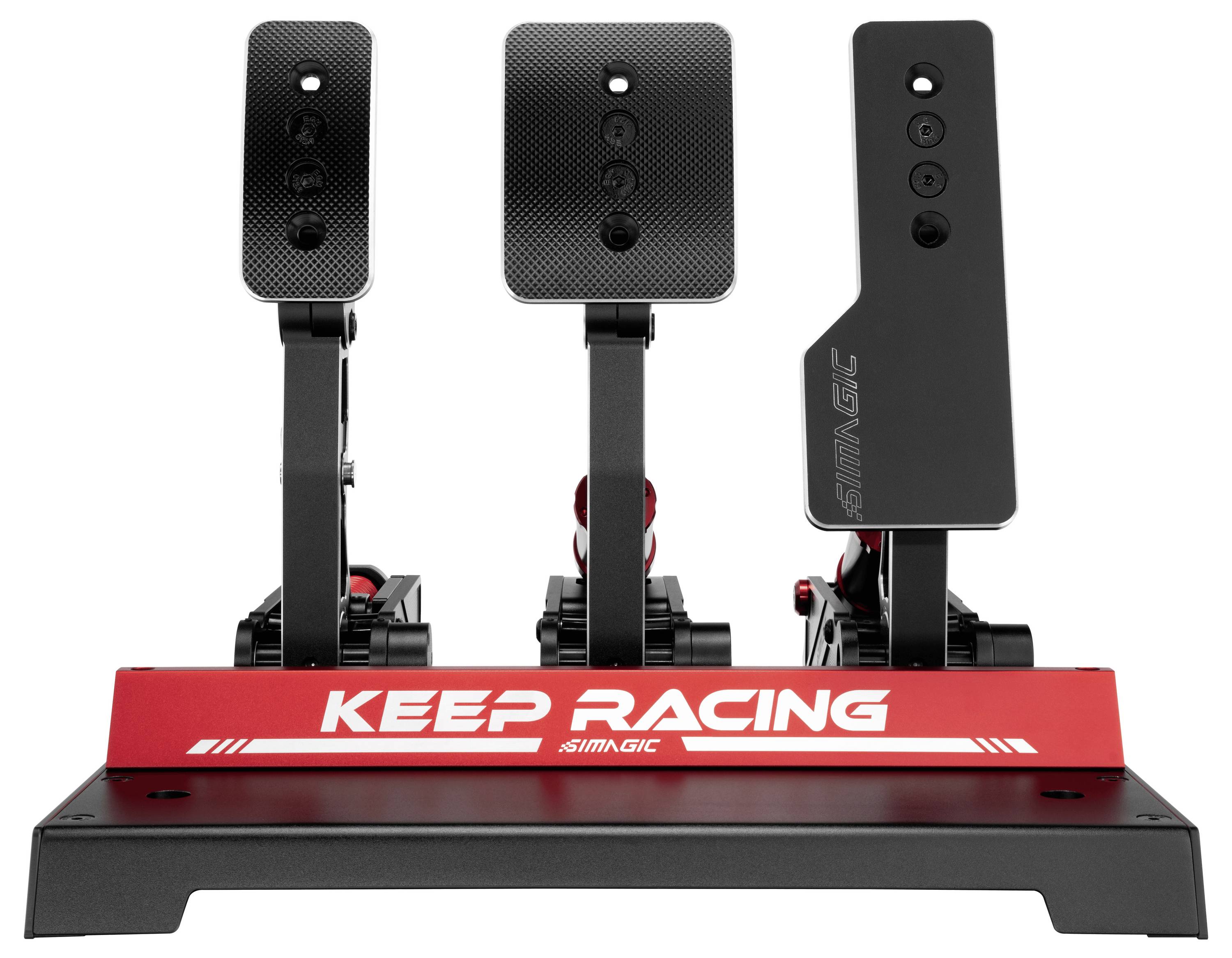 Trois ensembles de pédales de simulateur de course montés sur une base rouge et noire portant les étiquettes « KEEP RACING » et « SIMAGIC ».