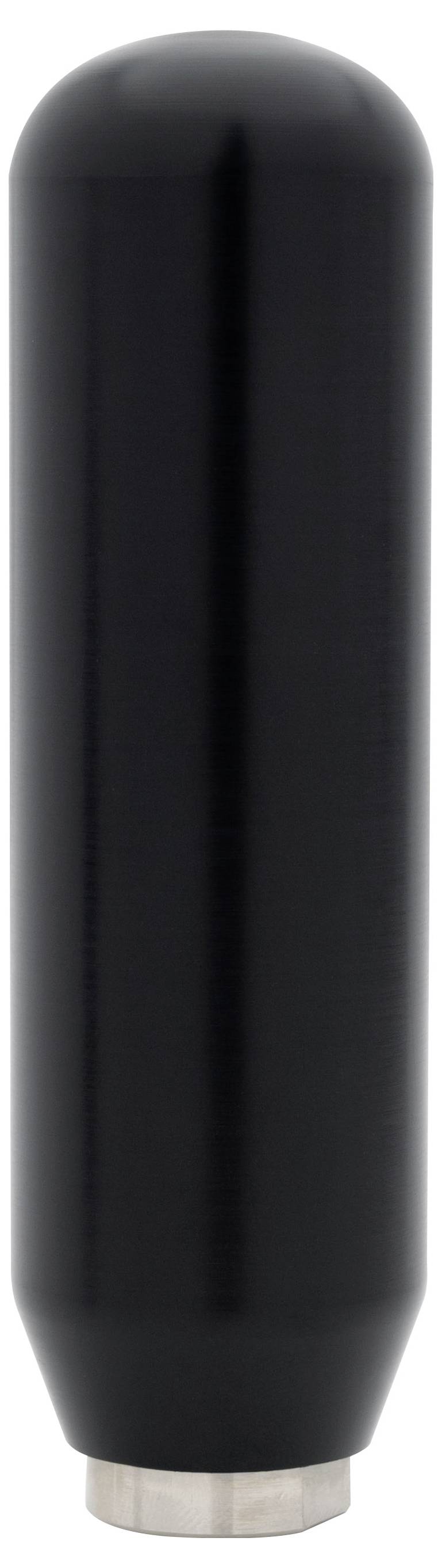 Réservoir ou bouteille cylindrique noir avec sommet arrondi et base argentée, montré en position verticale sur un fond uni.