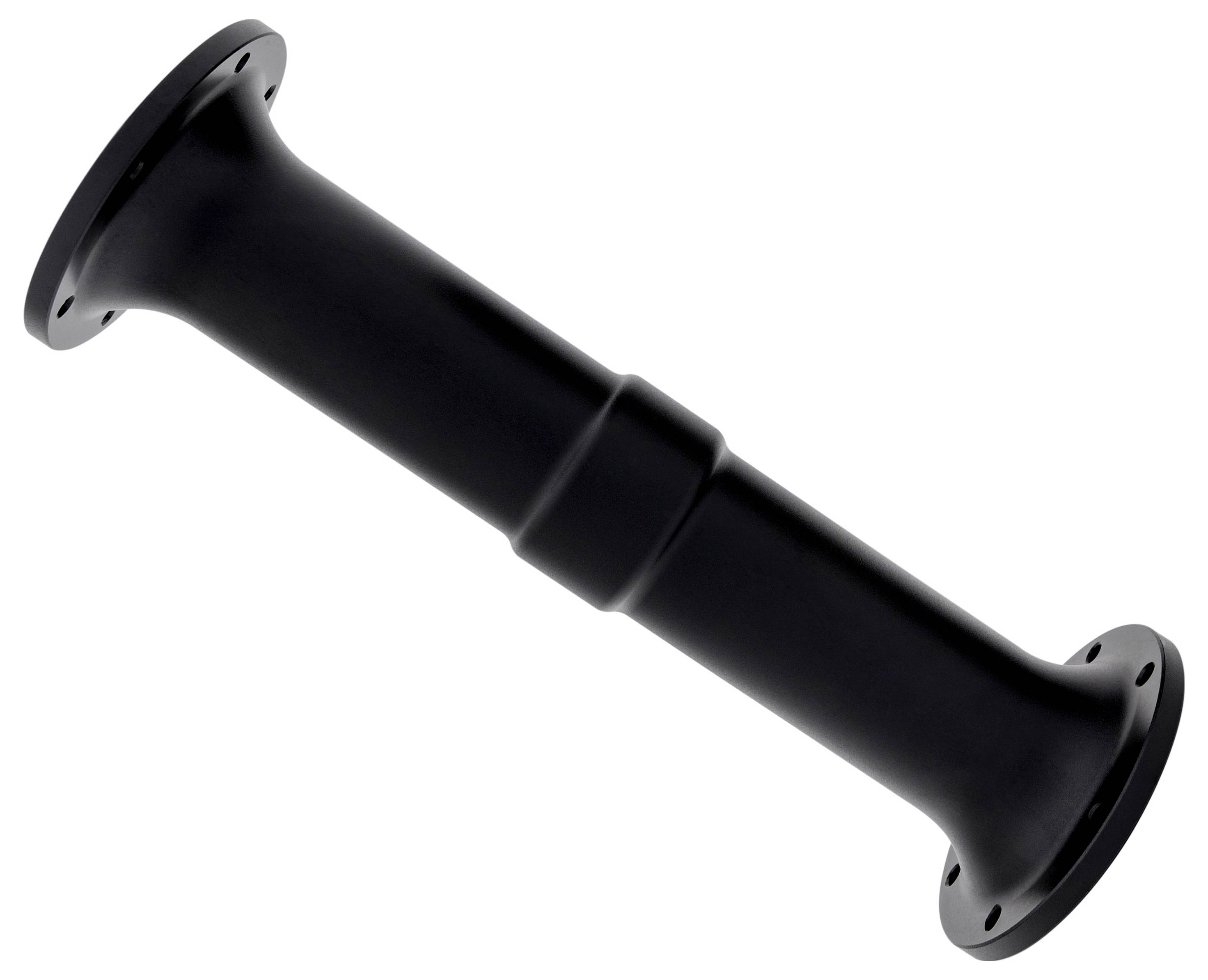 Connecteur de tuyau métallique cylindrique noir avec extrémités à brides, présenté sur fond blanc.