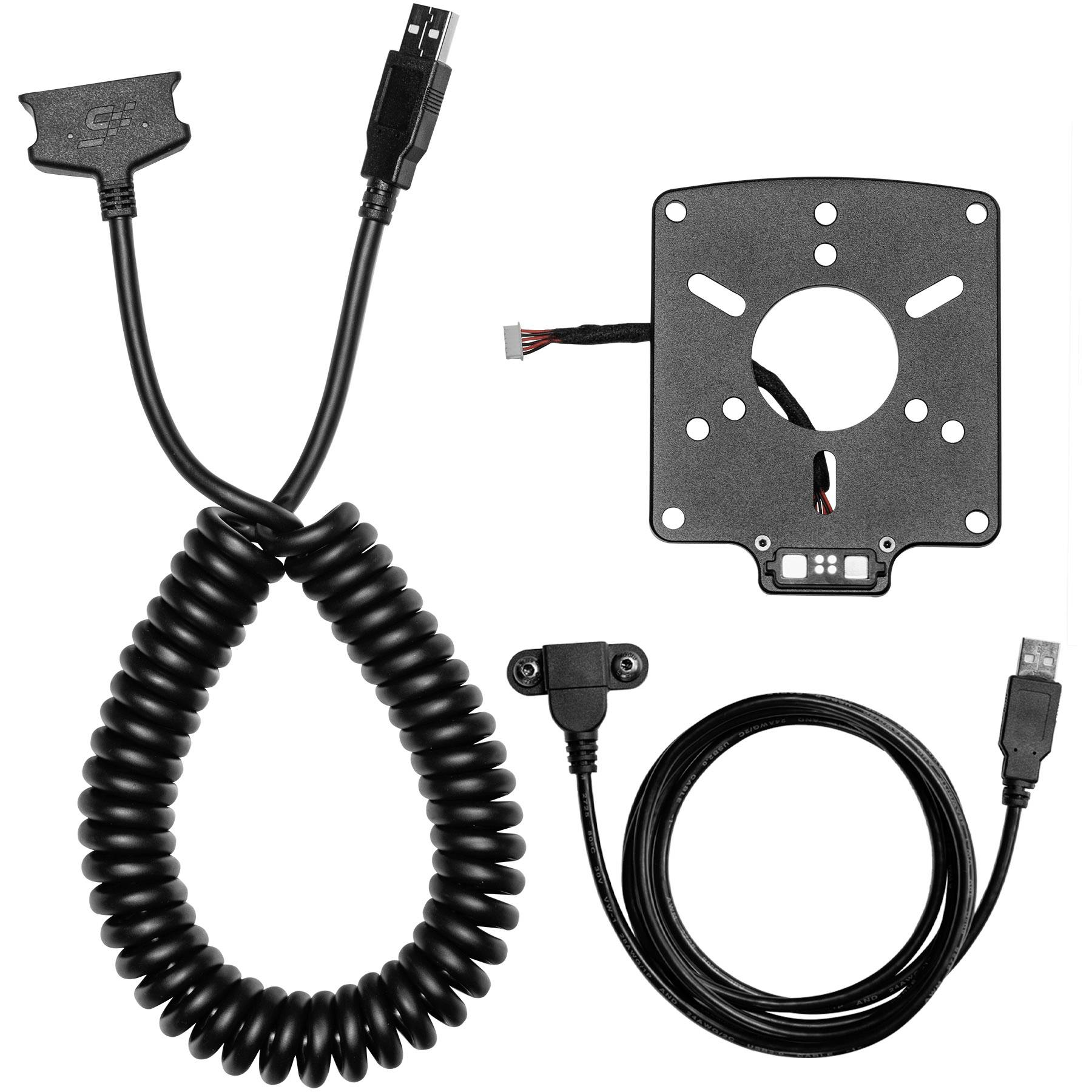 Deux câbles noirs enroulés et une plaque de montage noire avec des fils de connecteur, présentés sous la forme d'un kit d'accessoires électroniques sur fond blanc.